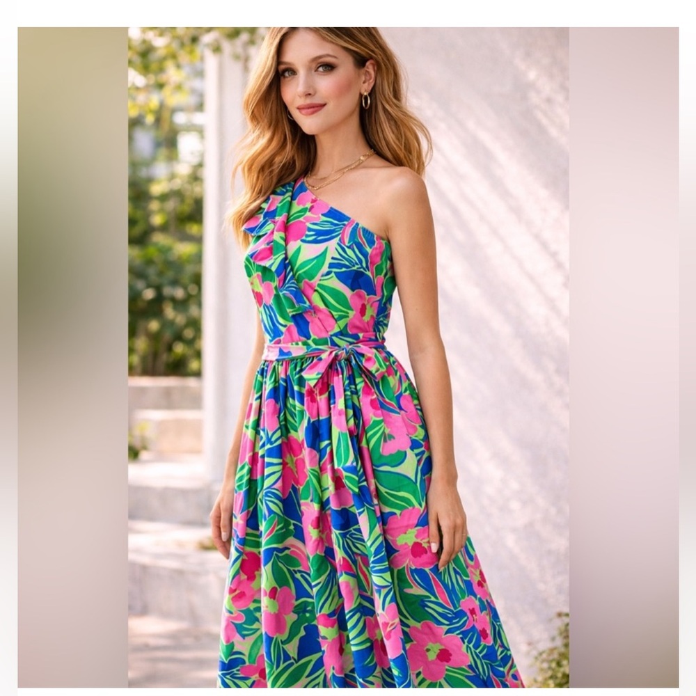J. Crew One-Shoulder Floral Midi Dress in Pink, Green & Blue - Picture 2 of 8